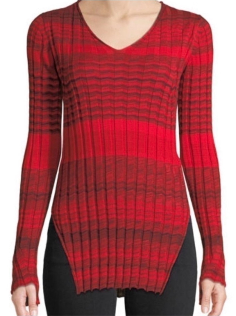 NWT Helmut Lang Striped Ribbed Merino Wool V-Neck Knit Top, in Size M